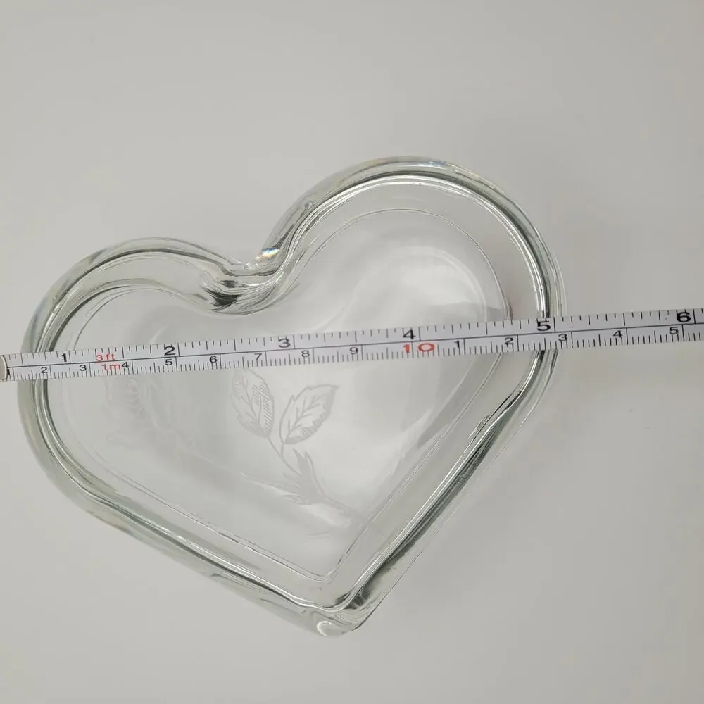 Heart Shaped Clear Glass Trinket Dish with Etched Rose Design, 4 Inches Wide